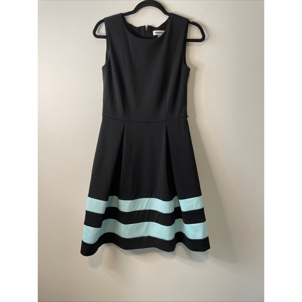 Calvin‎ Klein Size 4 Black Fit Flare Dress Blue Stripe Sleeveless